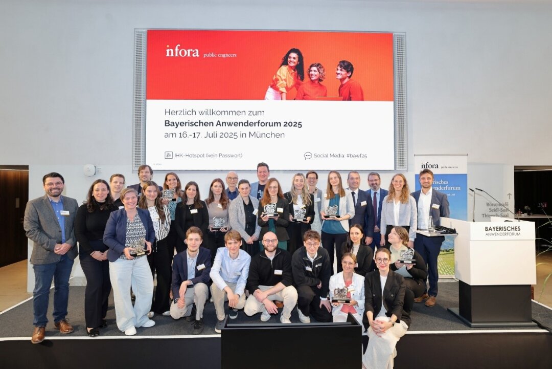 Gruppenfoto mit 28 Personen im Rahmen des Bayerischen Anwenderforums 2025 in München auf der Bühne.
