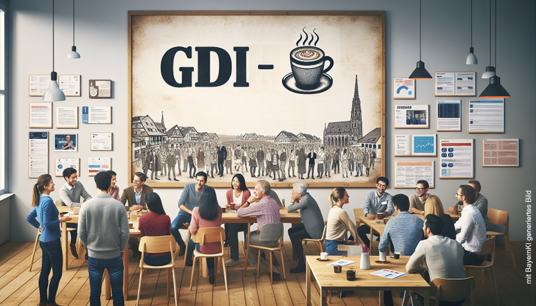 Verschiedene Leute sitzen bei einem Arbeitstreffen zusammen und diskutieren über fachliche Belange. Im Hintergrund sind verschiedene Urkunden, Diagramme sowie in einem großen Bilderrahmen die Bezeichnung G D I Café zu sehen. 