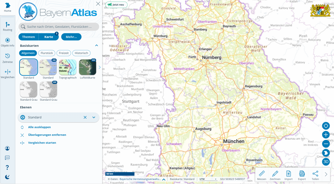 Die Startseite des BayernAtlas mit neuem Erscheinungsbild und Kategorien für die Basiskarten