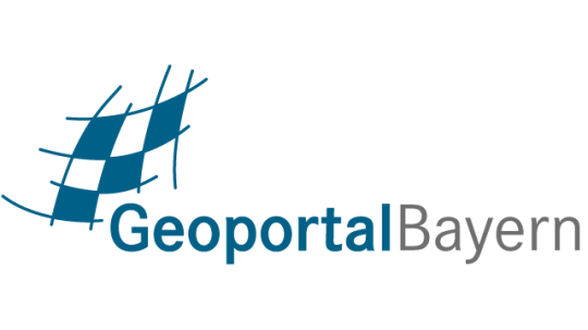 Symbolisiertes Koordinatengitter, daneben der Schriftzug  „Geoportal Bayern“.